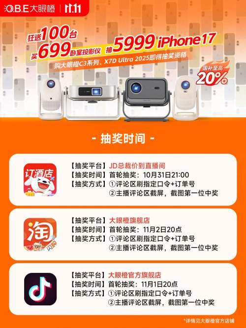 大眼橙双十一购投影抽iPhone17活动启动 四款机型全覆盖