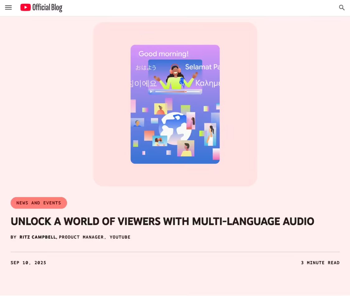 跨越语种障碍,YouTube 全面上线视频多语言配音功能 跨越语种障碍,YouTube 全面上线视频多语言配音功能
