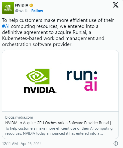 英伟达斥资7亿美元收购Run:ai，进一