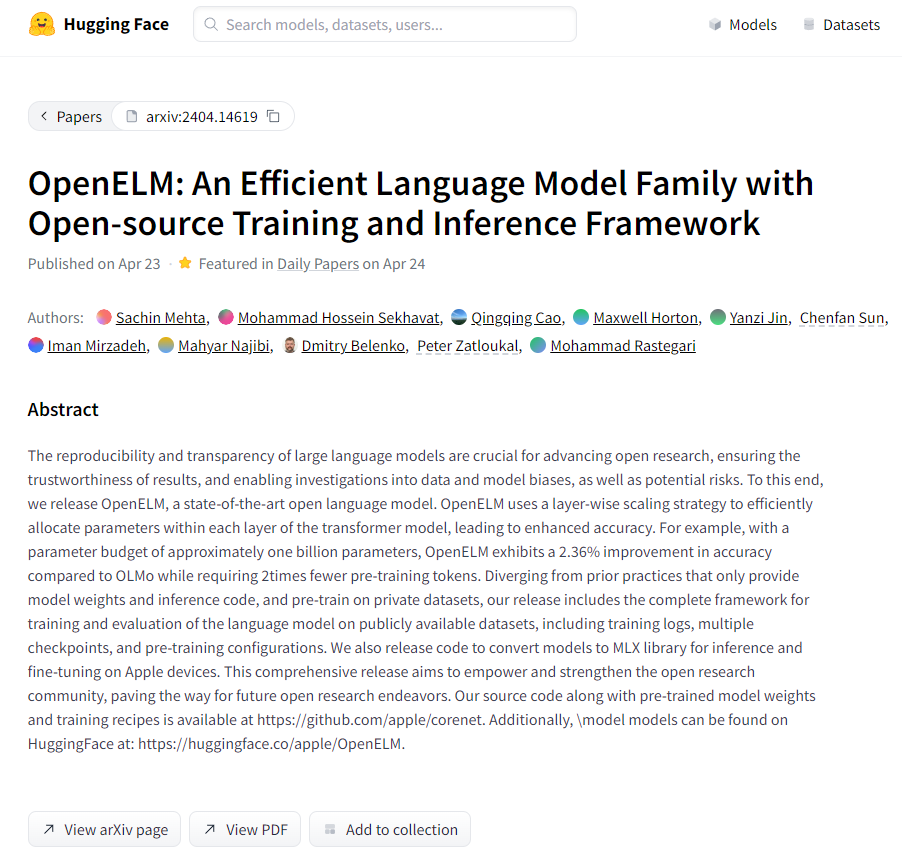 苹果发布 OpenELM，基于开源训练和推理框架的高效语言模型